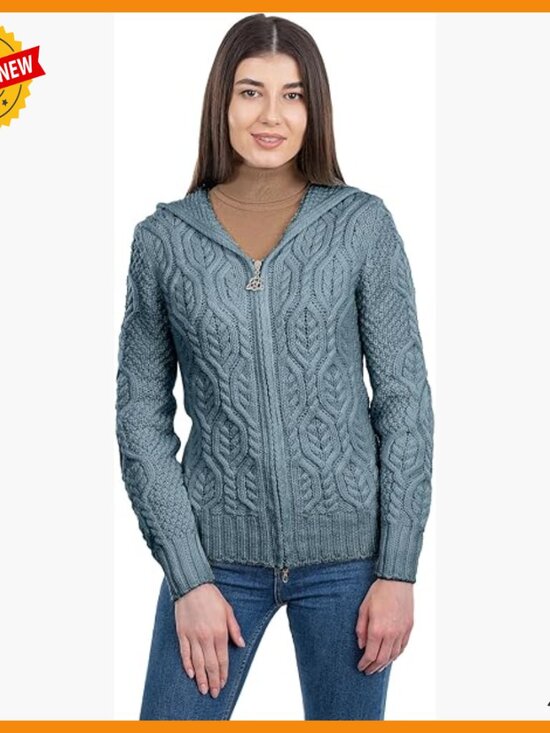 Sweaters - Merino Wool Hooded Zip Cardigan - Aran Stitch - Warm Layering Sweater